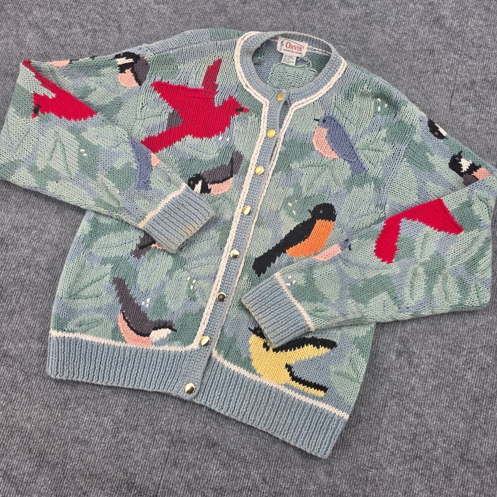 Orvis Bird Intarsia Cardigan Sweater M Blue Green Ramie Cotton Button Front